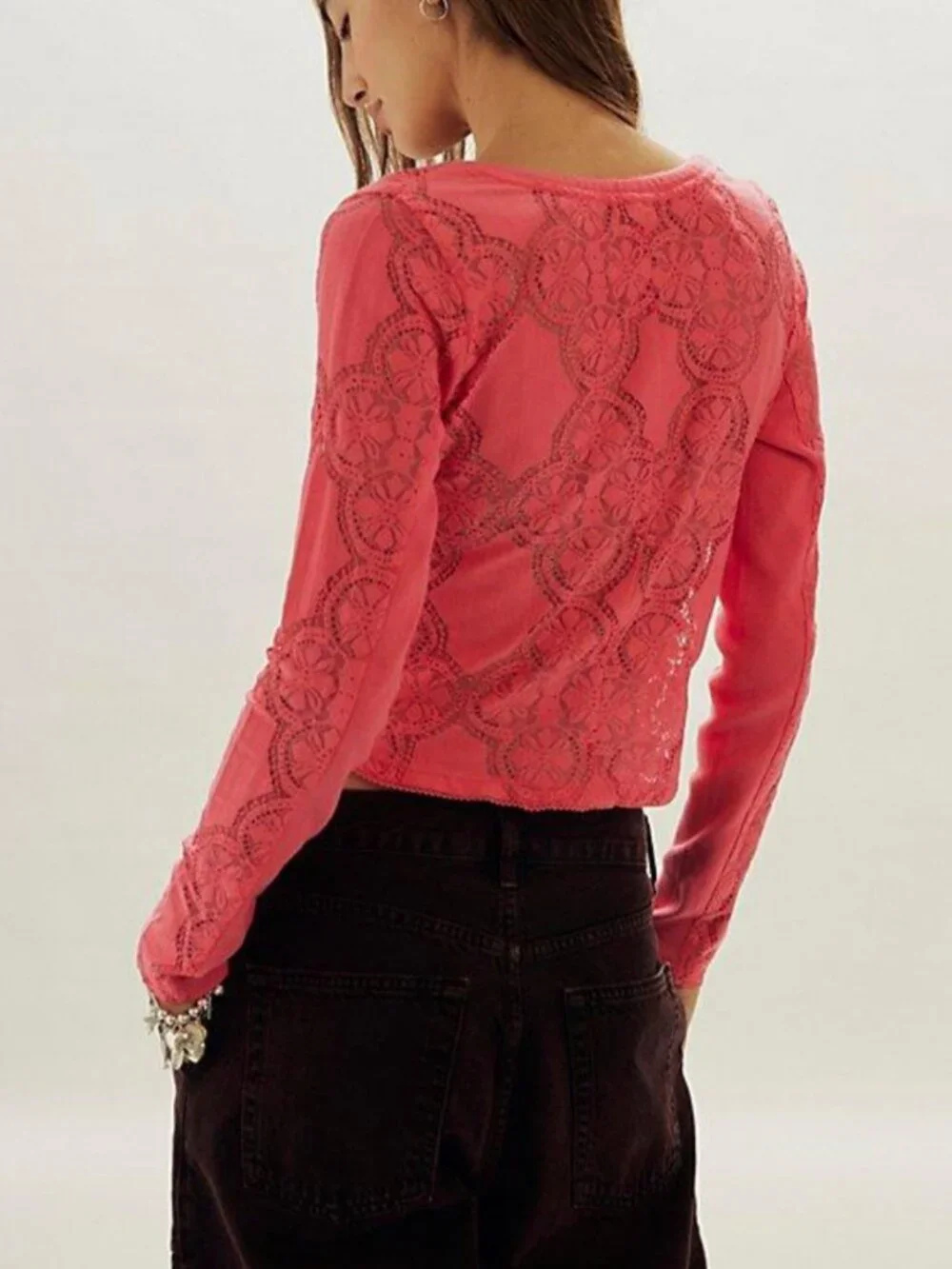 NWT Free People Jae Sheer Lace Knit Long Sleeve Top in Retro Red